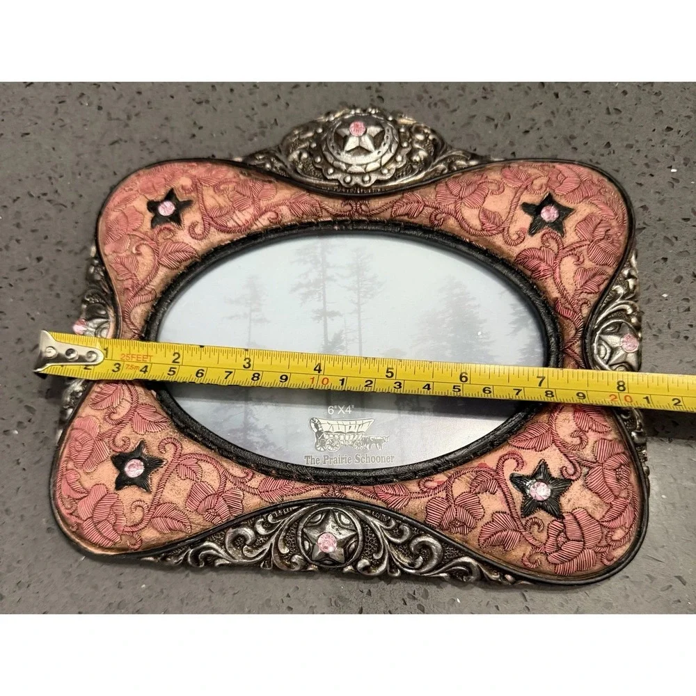 Prairie Schooner Cowgirl Silver Pink Star Rhinestones Picture Frame Oval 6